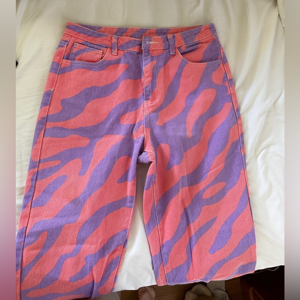 Pink and purple print high waist straight cut jeans size M